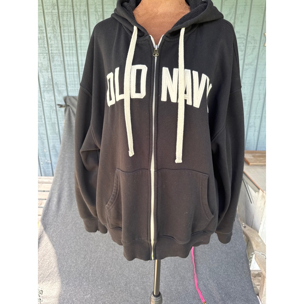 Old Navy Mens XL Full Zip Hoodie Black Fleece Logo Sweatshirt YKK Zipper
